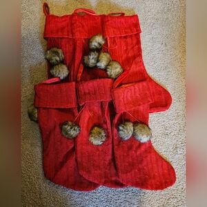 Set Of 6 Red Christmas Stockings With Pom Poms